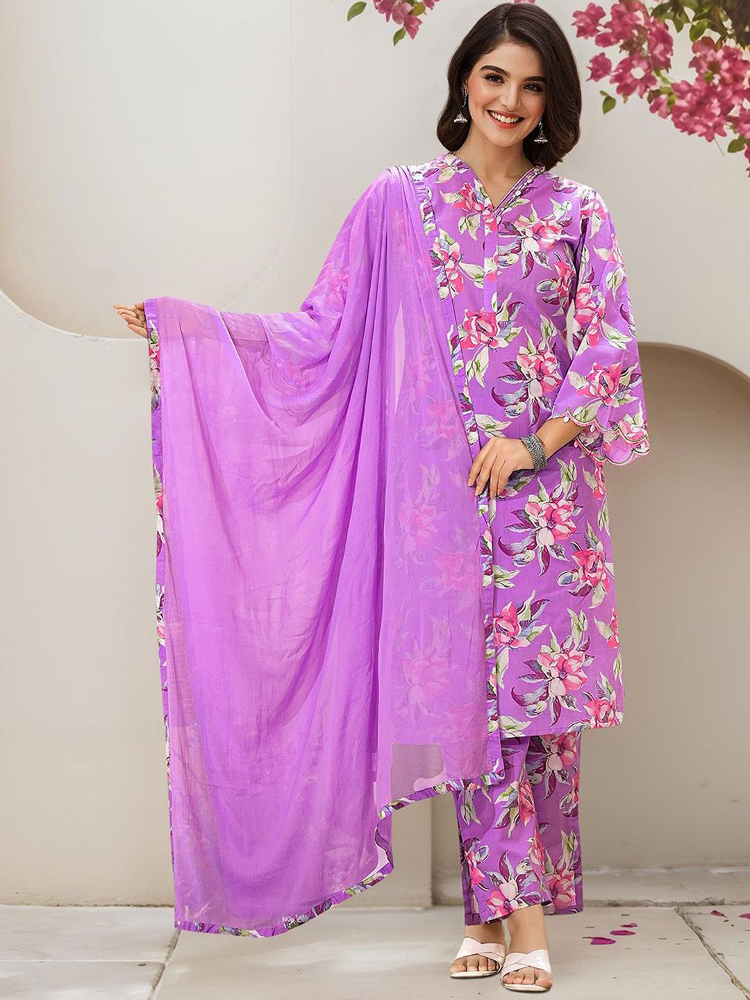 Dhiyona IS Women's Floral Printed Pure Cotton Kurta with Trousers & Dupatta