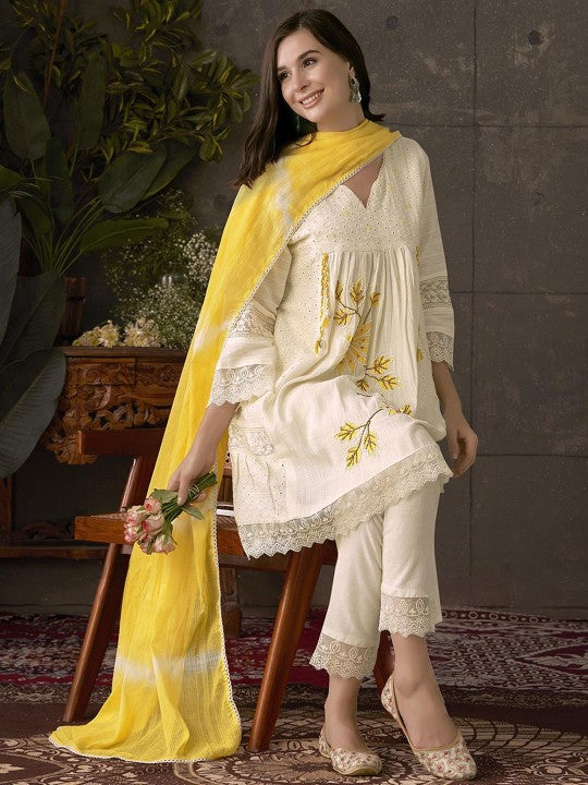 Women's Embroidered Pleated Chikankari Pure Cotton A-Line Kurta With Trousers & Dupatta
