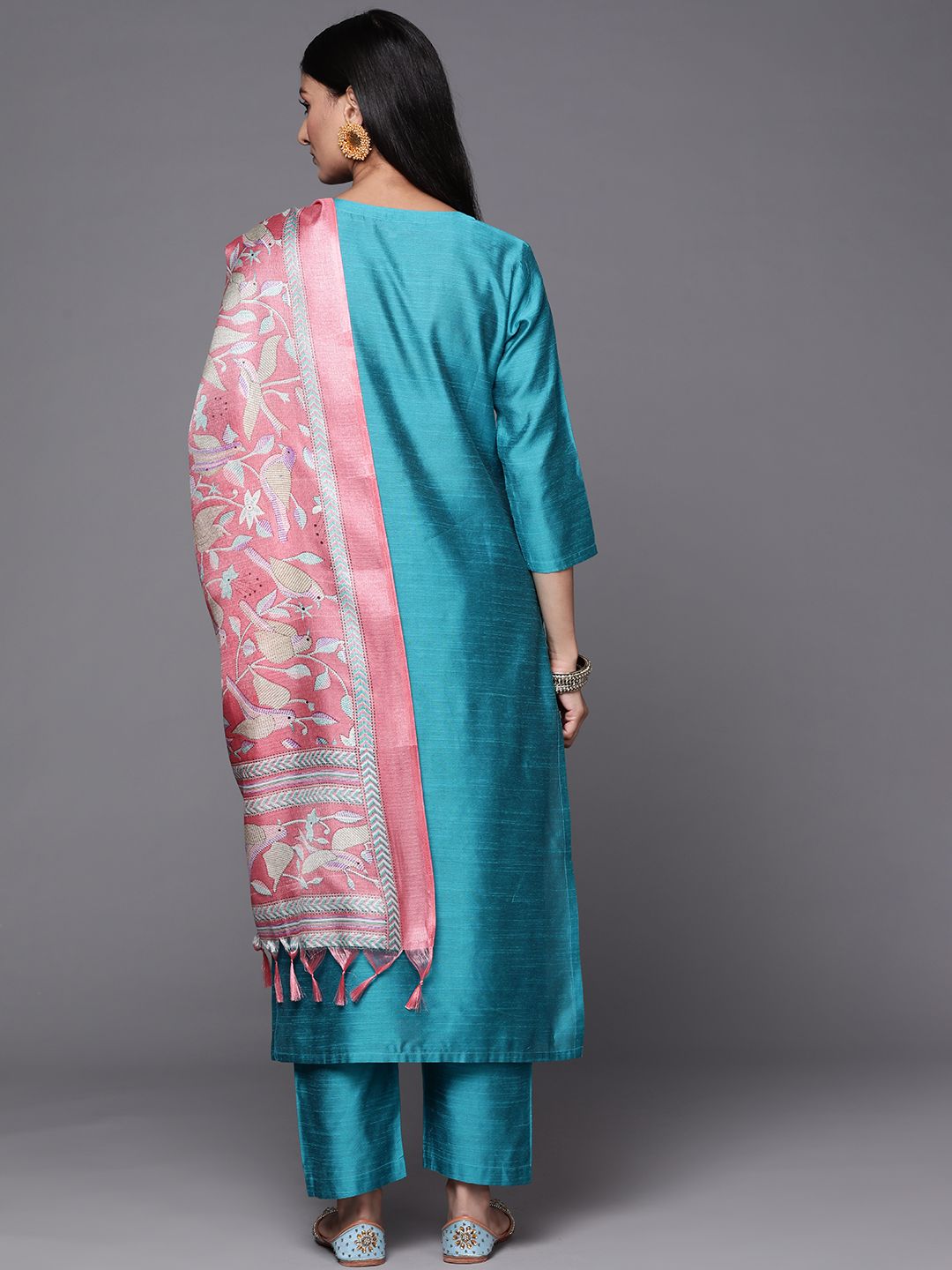 Dhiyona VA Women'sTurquoise Blue Thread Embroidered Yoke Kurta with Trouser with Printed Dupatta