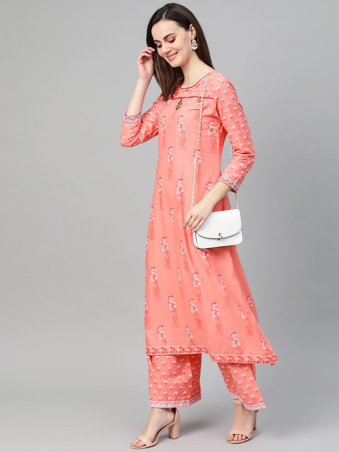 Dhiyona IS Women's Women Pink & Off-White Block Print Kurta with Palazzos
