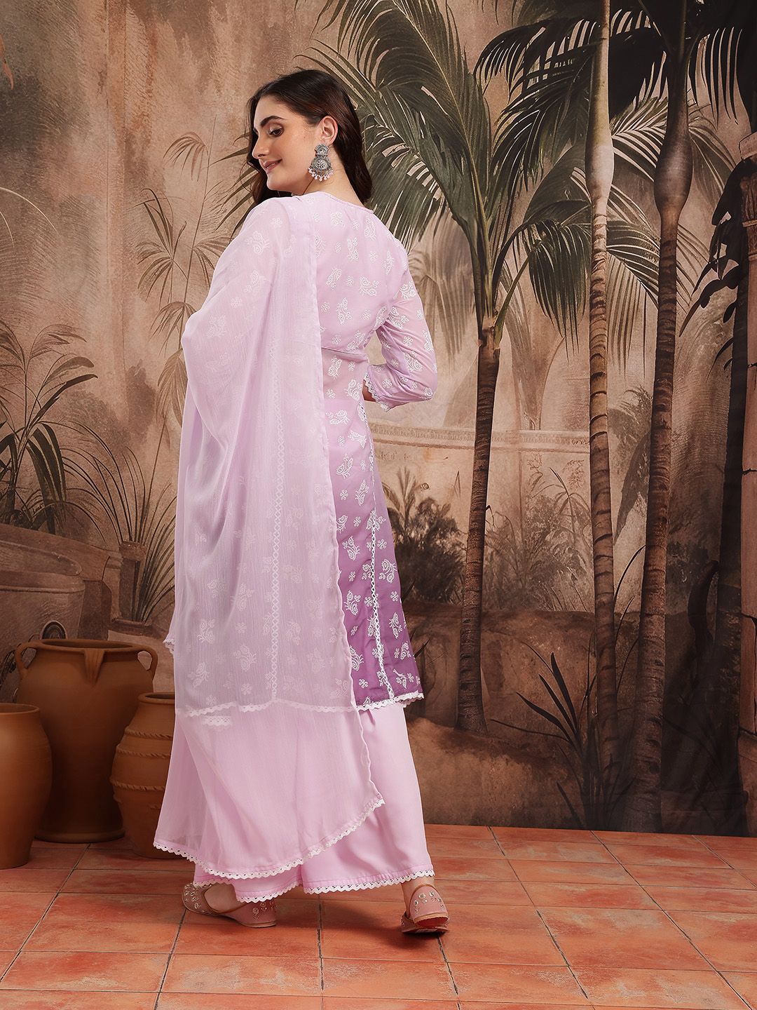 Dhiyona SN Women's Floral Printed Semi Sheer Panelled Kurta with Sharara & Dupatta