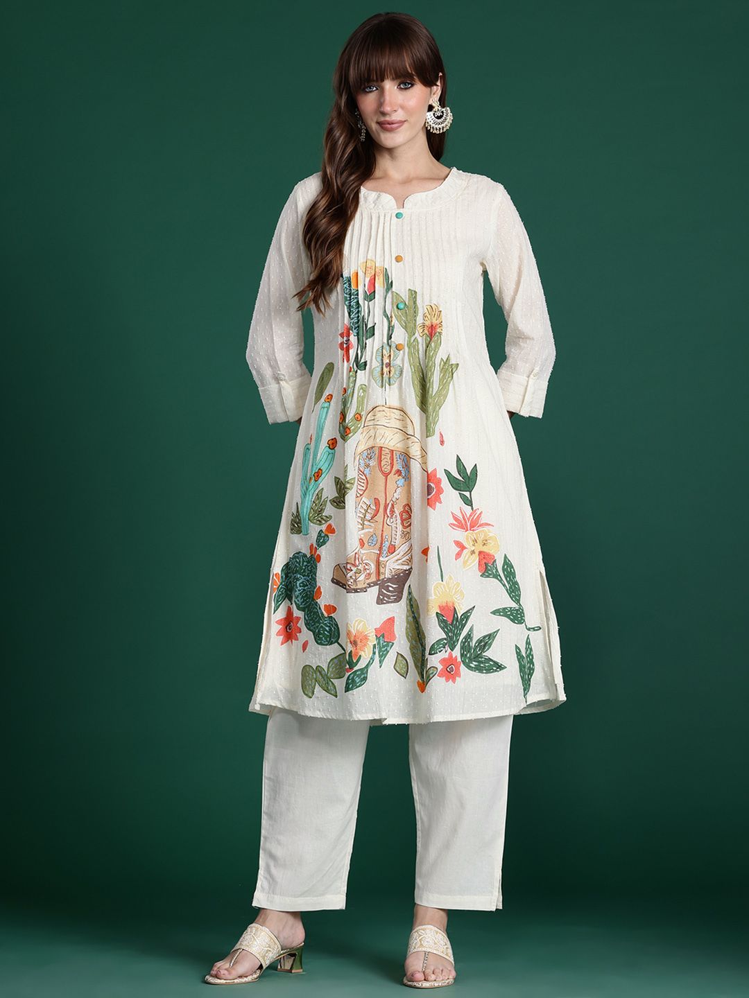 Dhiyona IE Floral Printed Regular Pure Cotton Kurta with Trousers