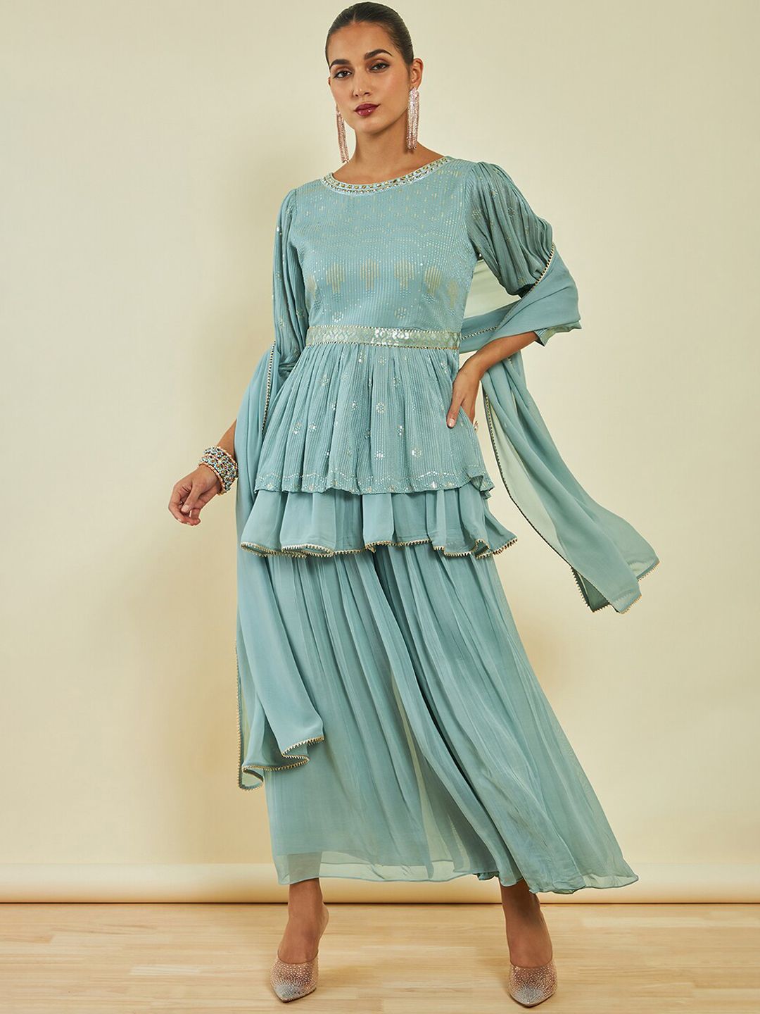 Dhiyona SO Women's Blue Embroidered Puff Sleeve Layered Sequinned Kurti & Palazzos With Dupatta