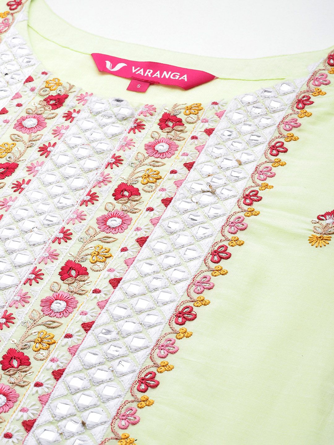 Dhiyona VA Women's Floral Embroidered Regular Mirror Work Pure Cotton Kurta with Trousers & With Dupatta