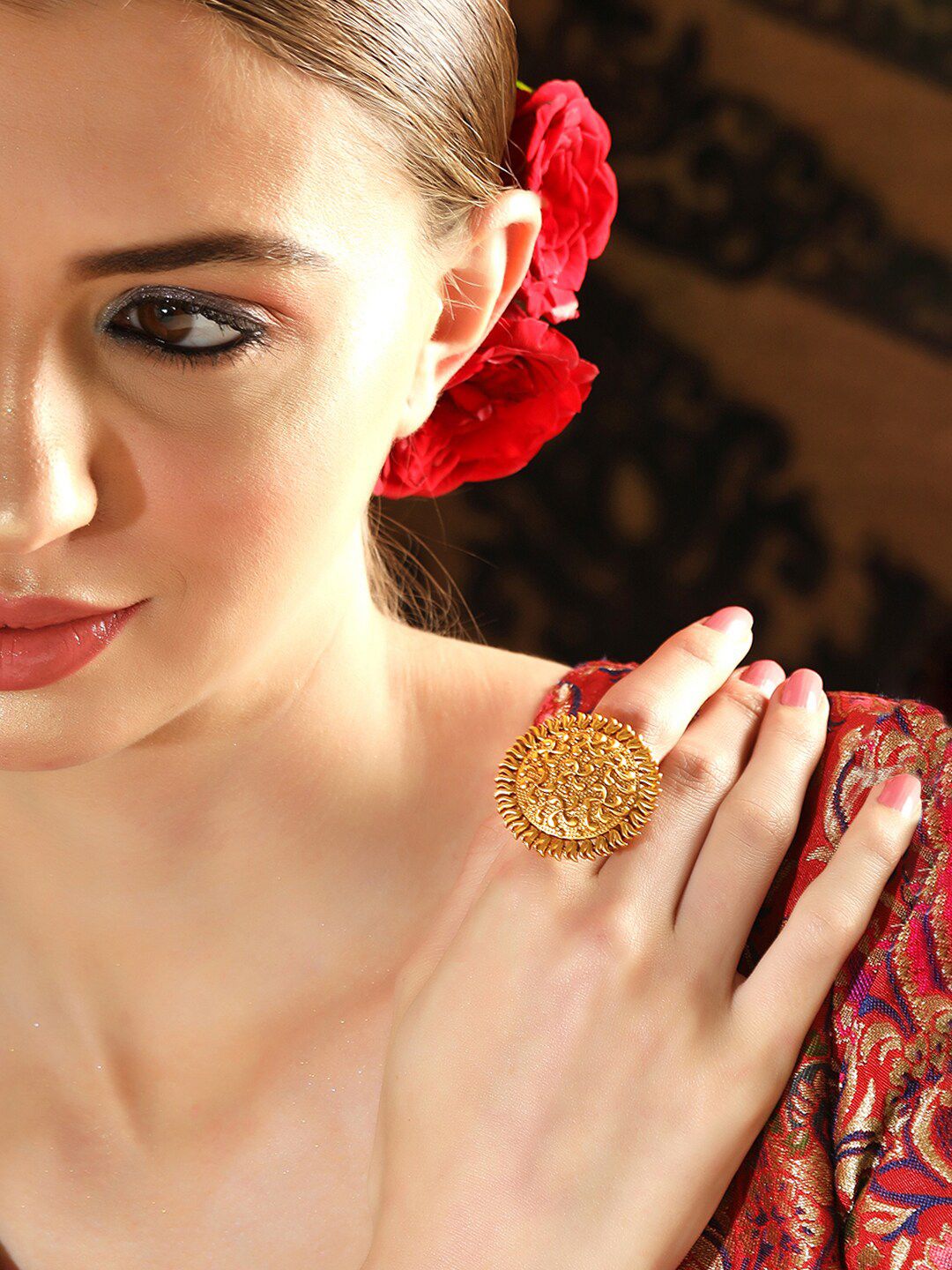 Dhiyona RJ Women's 22K Pure Gold-Plated Temple Statement Adjustable Finger Ring