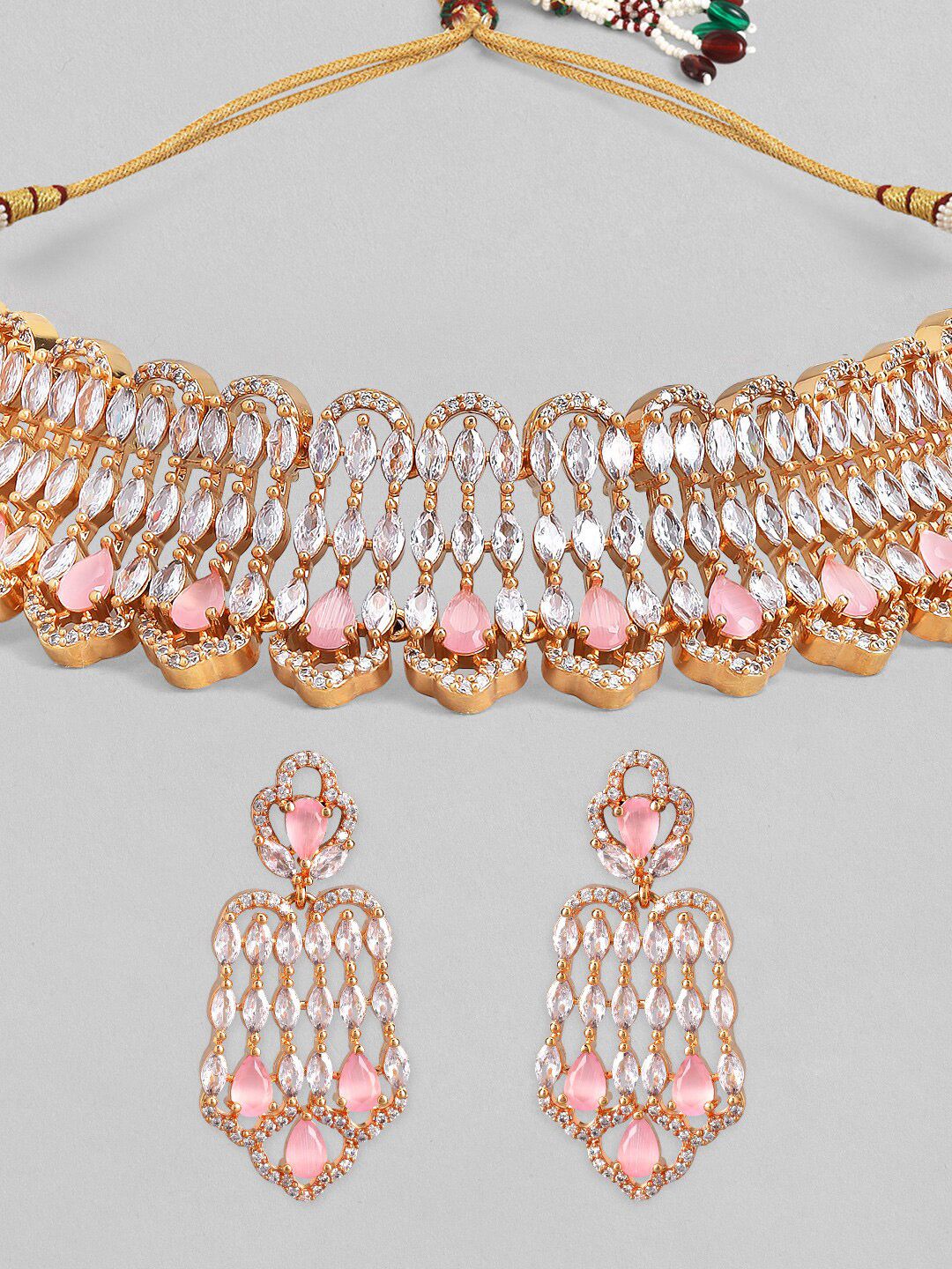 Dhiyona RJ Women's 22K Gold-Plated Crysta Pink & White Cubic Ziicronia Studded Choker Jewellery Set