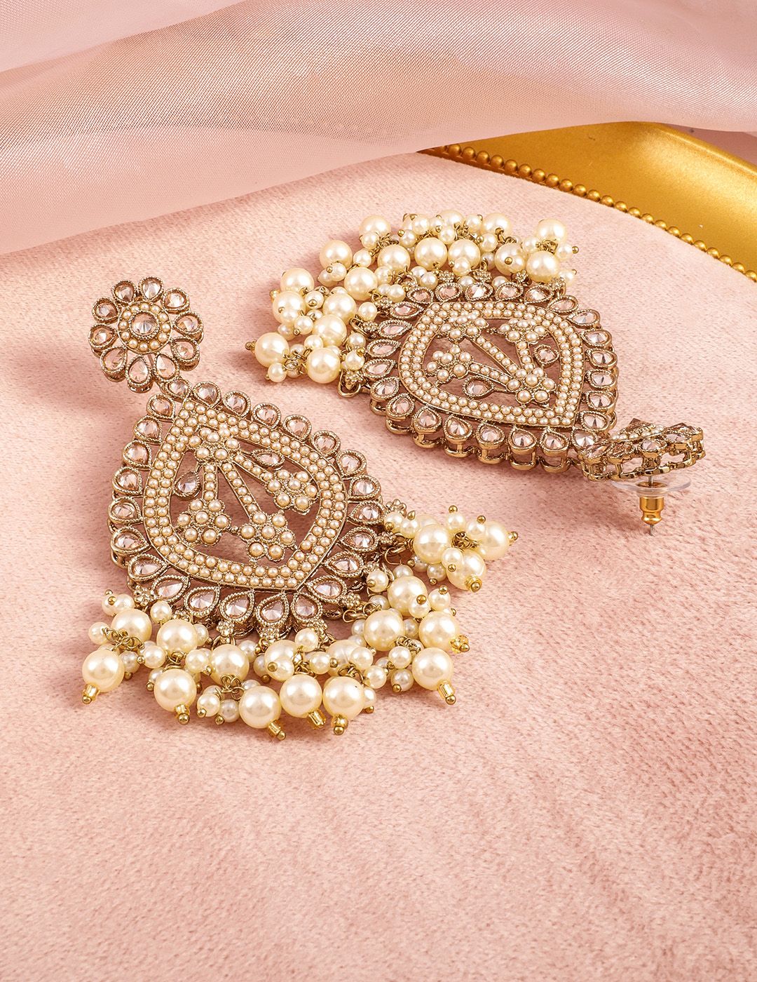 Dhiyona RJ Women's 18K Mehandi Gold-Plated Long Chandbali Earrings with Pearl Drops & Kundan Accents