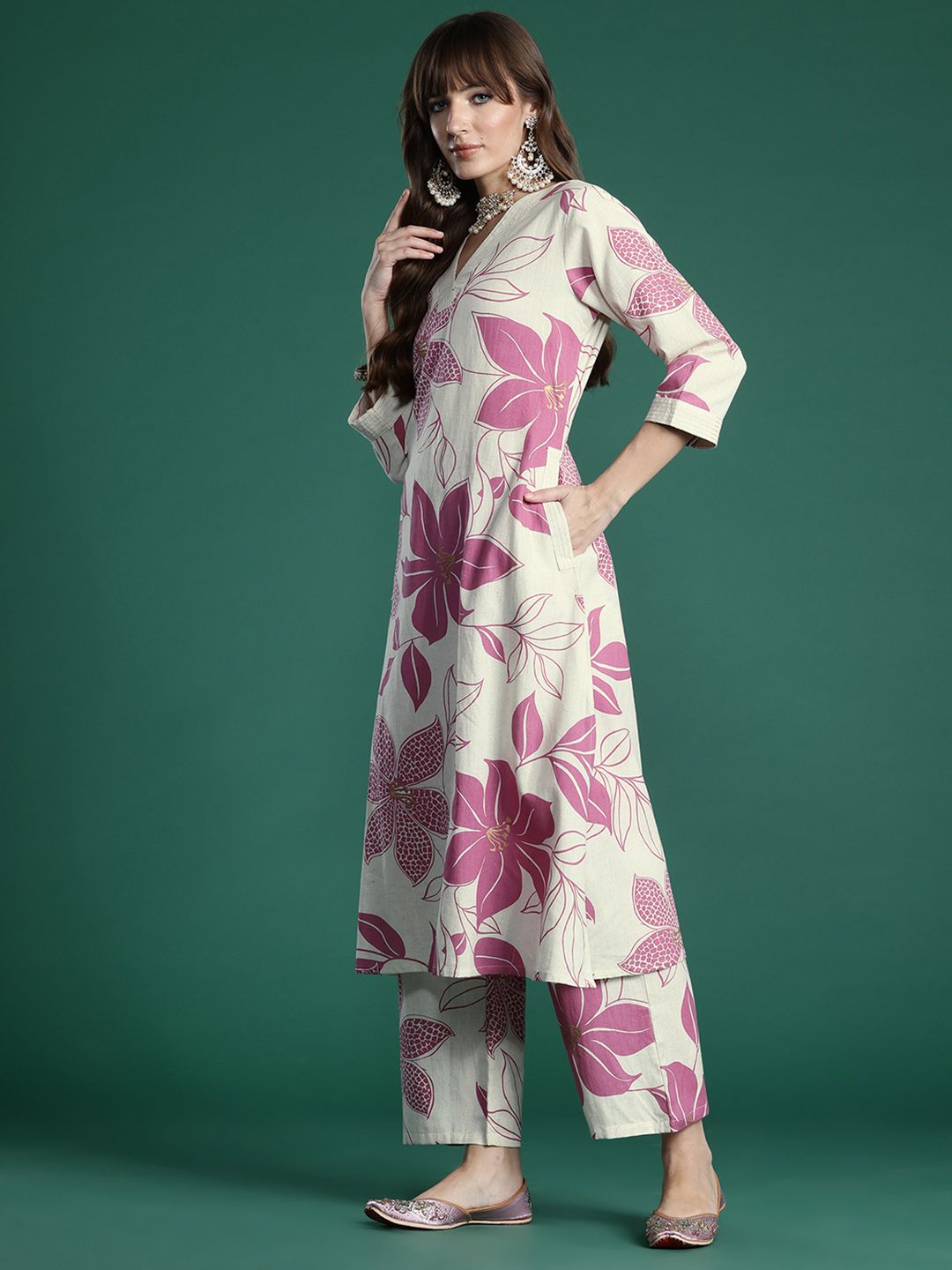 Dhiyona IE Floral Printed Pure Cotton A-Line Kurta with Palazzos