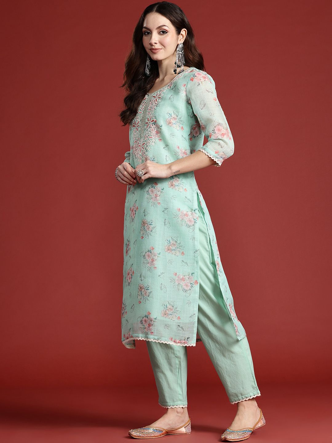 Dhiyona IE Floral Printed Thread Work Linen Kurta with Trousers & With Dupatta