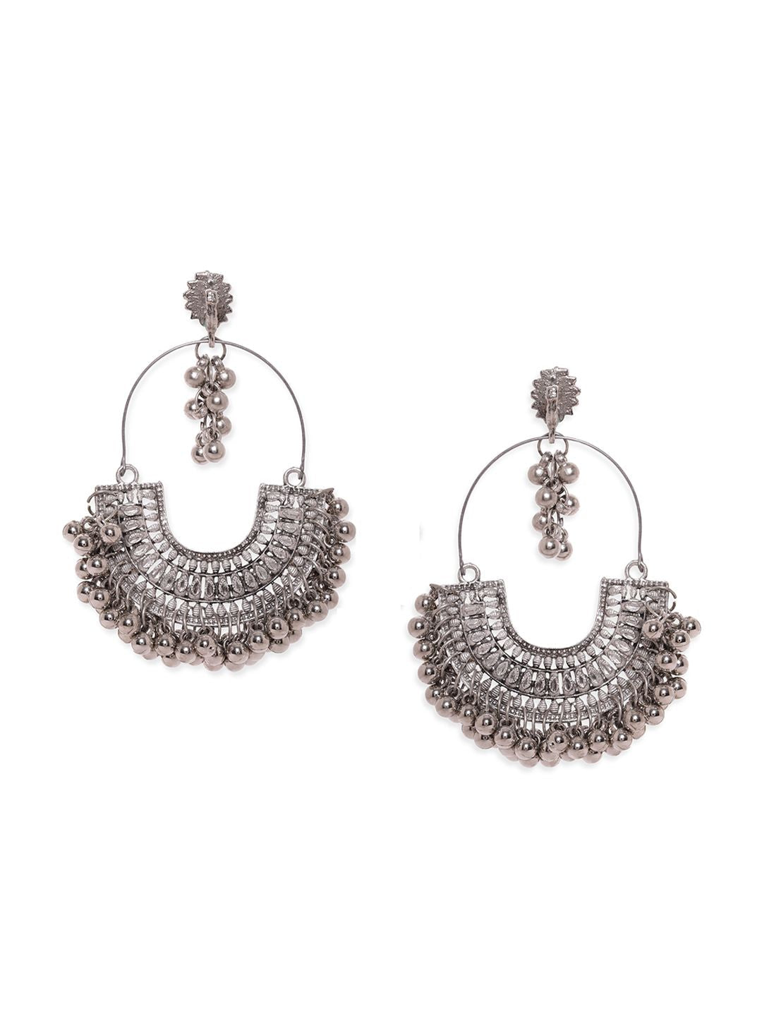 Dhiyona RJ Women's Silver-Plated Beaded Oxidised Crescent Shaped Chandbalis Earrings