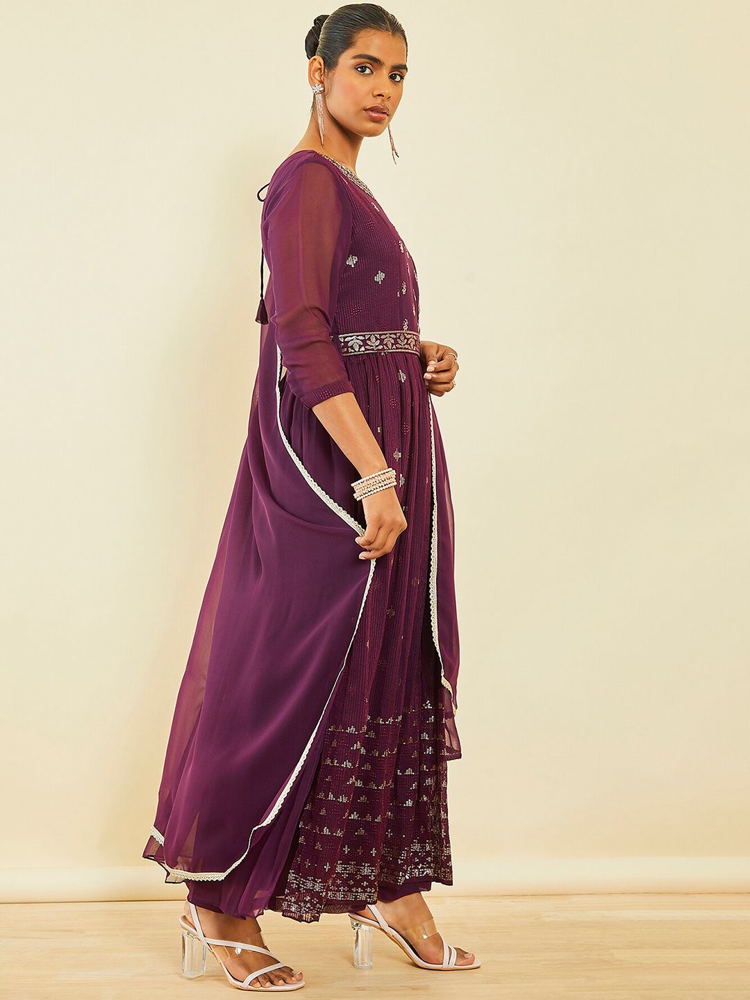 Dhiyona SO Women's Ethnic Motifs Embroidered Regular Sequinned Kurta With Palazzos & Dupatta