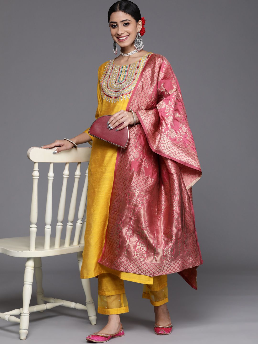 Dhiyona VA Women's Mustard Yellow & Pink Yoke Design Kurta with Trousers & Dupatta