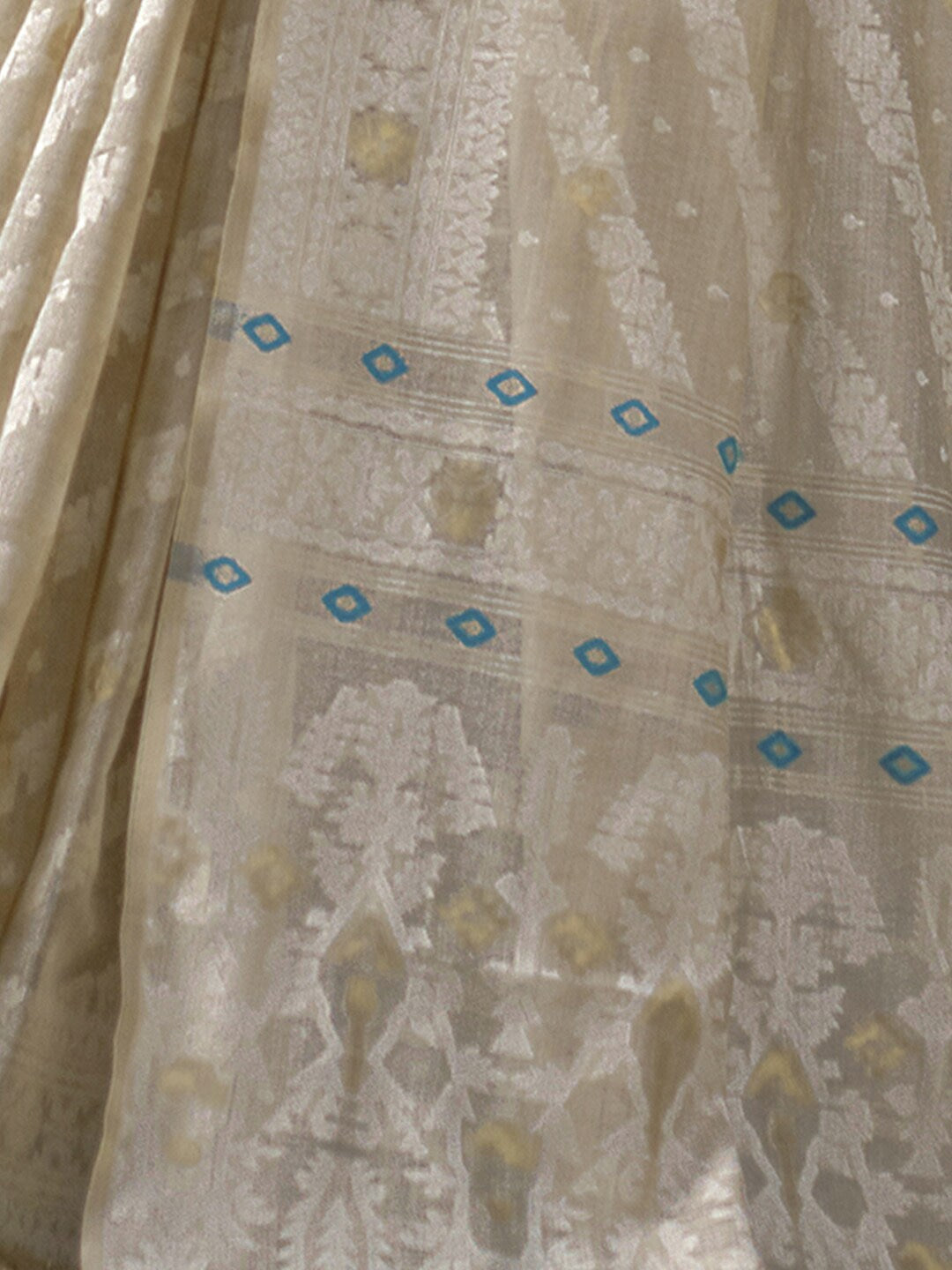 Dhiyona GR Women's Adah Aquamarine Teal Blue Mul Cotton Chanderi Jamdani Saree With Contrast Blouse