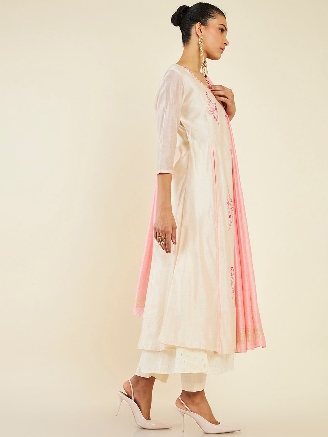 Dhiyona SO Women's Floral Embroidered A-Line Layered Pure Cotton Kurta with Trousers & Dupatta
