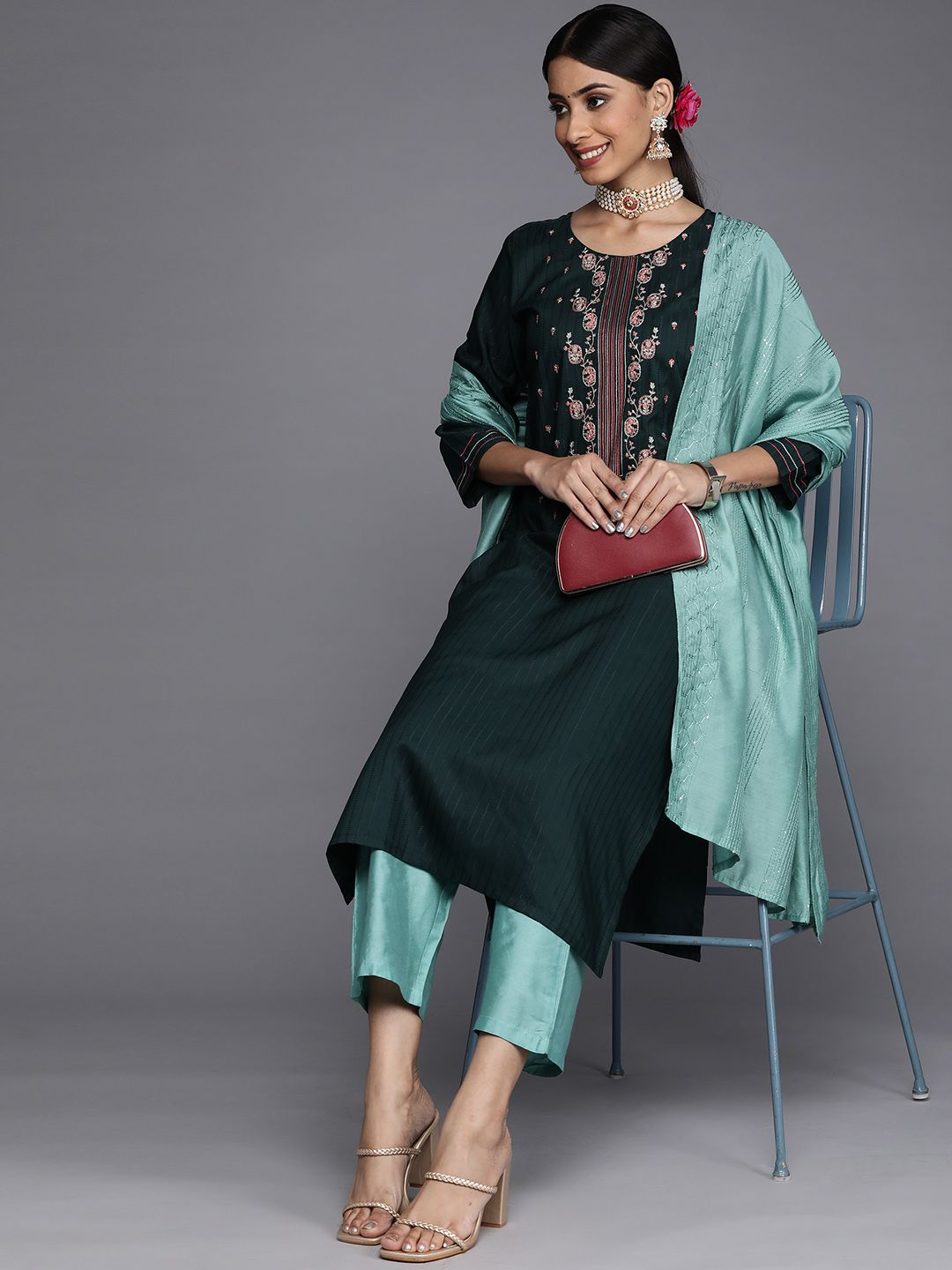 Dhiyona VA Women's Green Yoke Design Thread Work Dupion Silk Kurta with Trousers & Dupatta