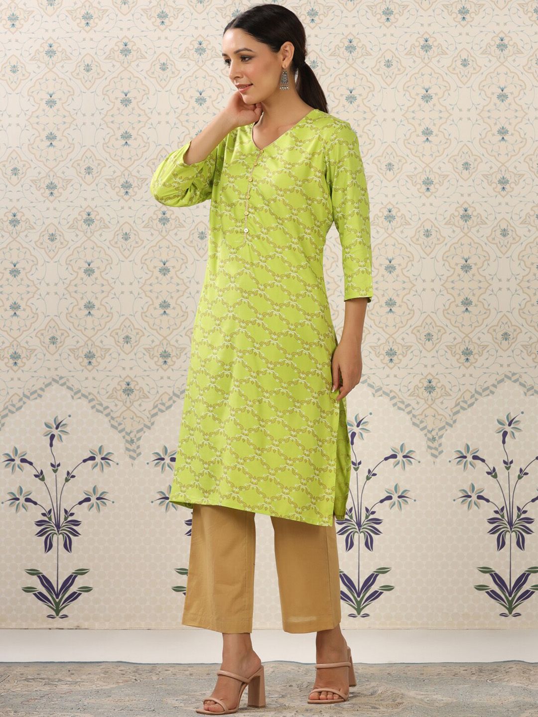 Dhiyona OD Lime Green & Beige Printed V Neck Kurta With Palazzos