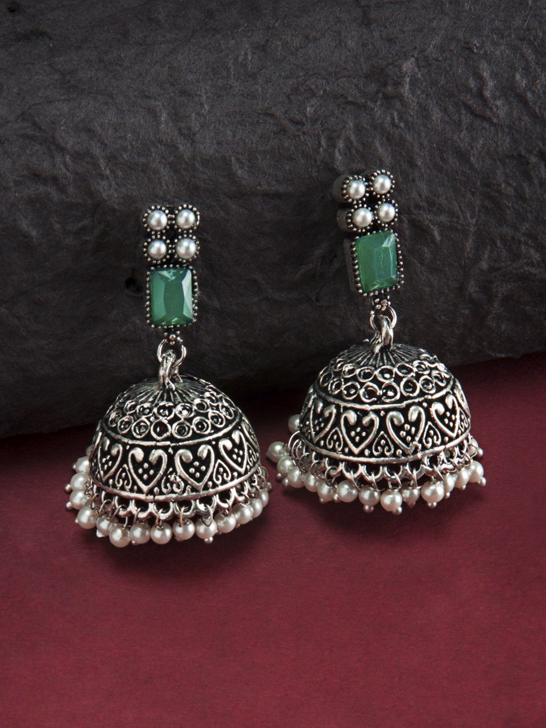 Dhiyona RJ Women's Silver-Toned & Green Dome Shaped Handcrafted Jhumkas