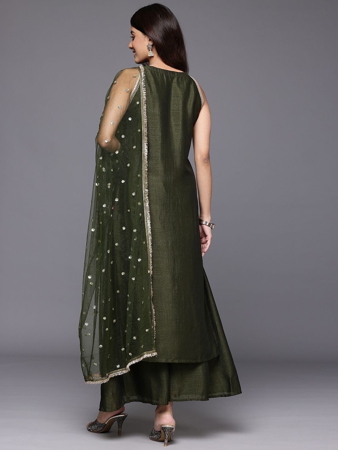 Dhiyona VA Women'sEthnic Motifs Embroidered Sequinned Straight Kurta & Trousers With Dupatta
