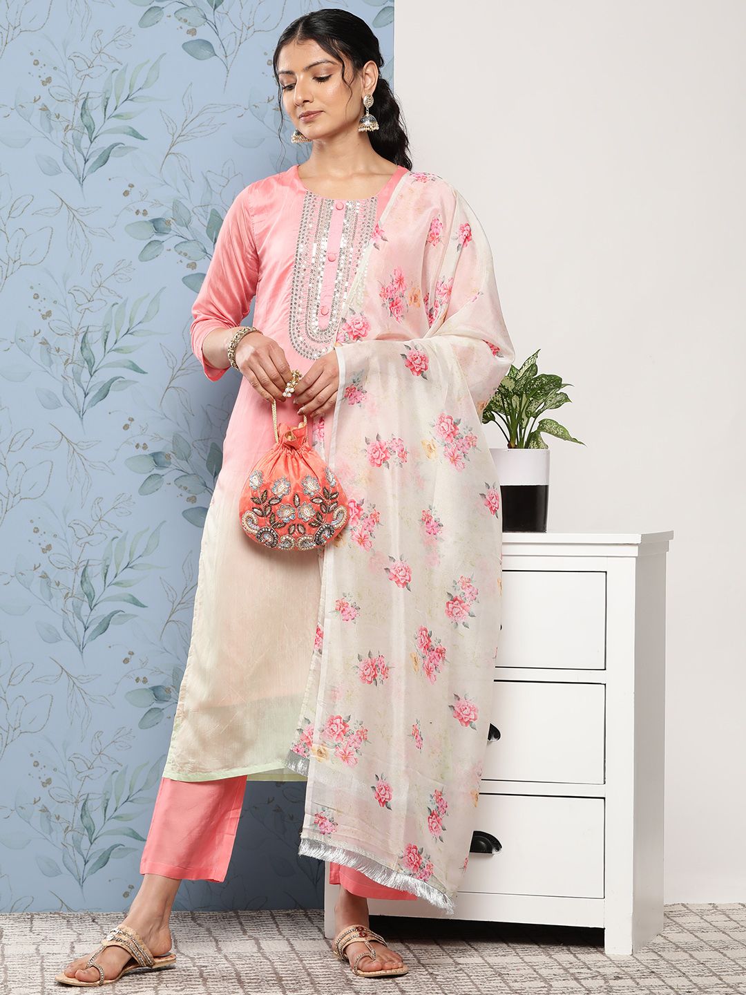 Dhiyona VA Women's Pink Ombre Embroidered Sequinned Kurta with Trousers & With Dupatta