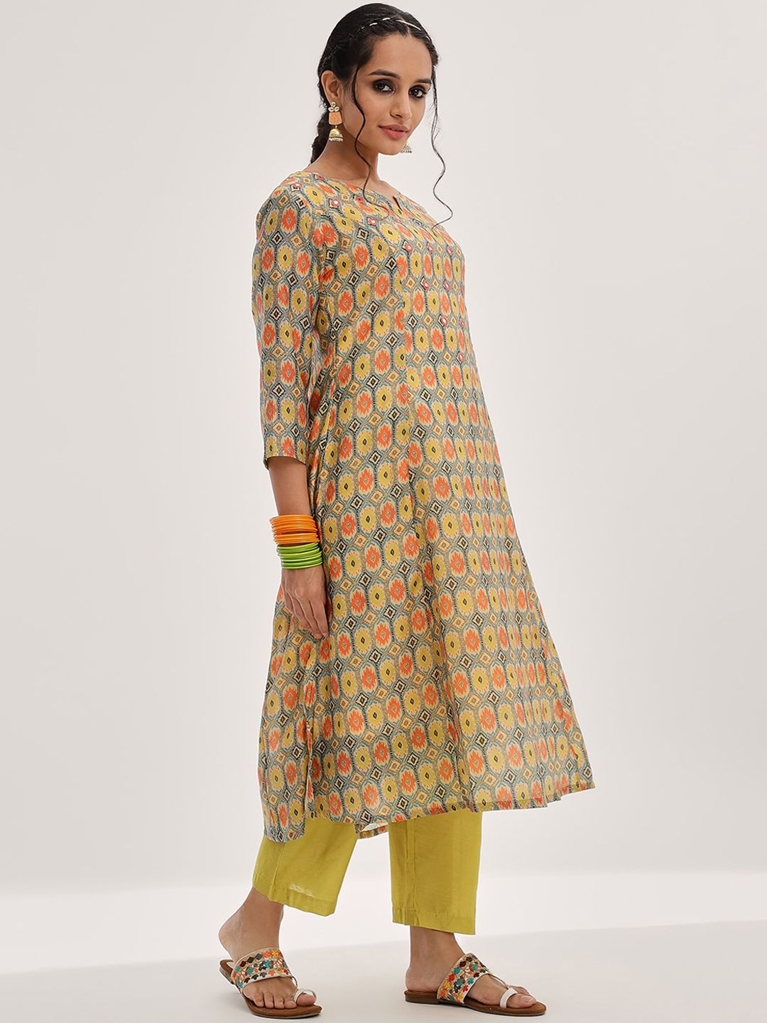 Dhiyona VA Women'sLime Green Ethnic Motifs Printed Mirror Work A-Line Kurta & Trousers With Dupatta