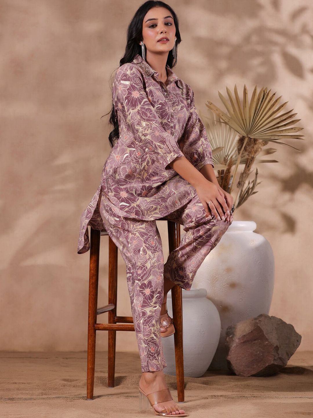 Dhiyona IS Women's Floral Printed Shirt Collar Puff Sleeve Beads and Stones Silk Blend Kurta Set
