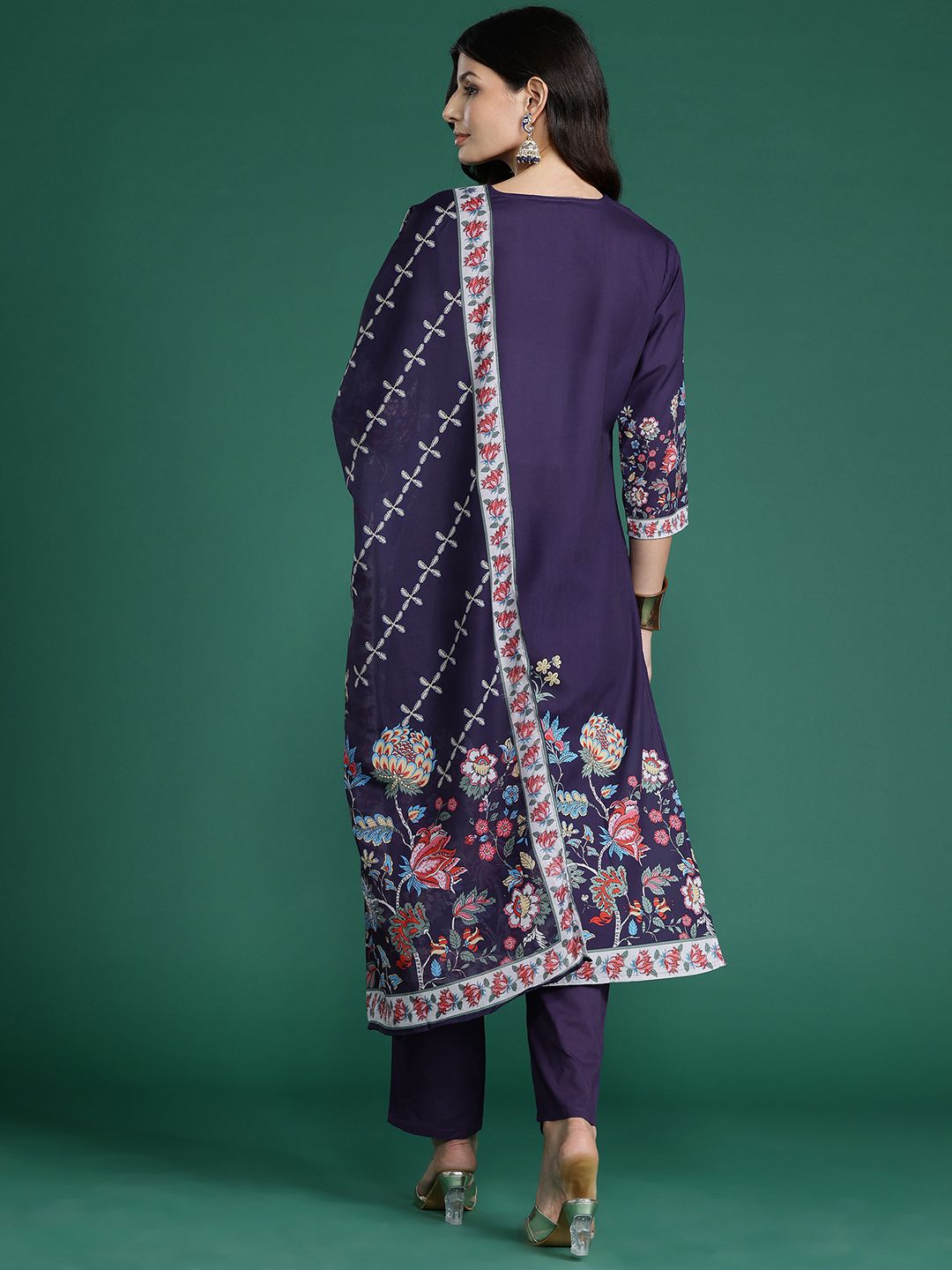 Floral Printed Thread Work Kurta With Trousers & Dupatta