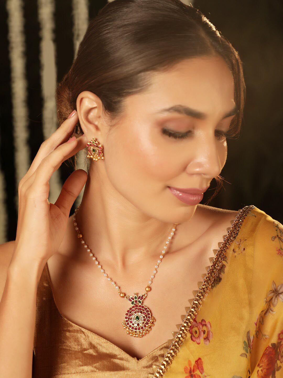 Dhiyona RJ Women's 22K Gold-Plated Ruby & Emerald Kundan Studded and White Pearls Beaded Jewelery Set