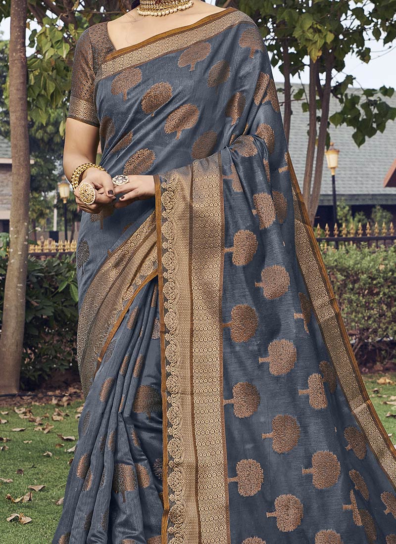 Dhiyona GR Women's Yashomati Anchor Grey Zari Woven Design Chanderi Cotton Saree