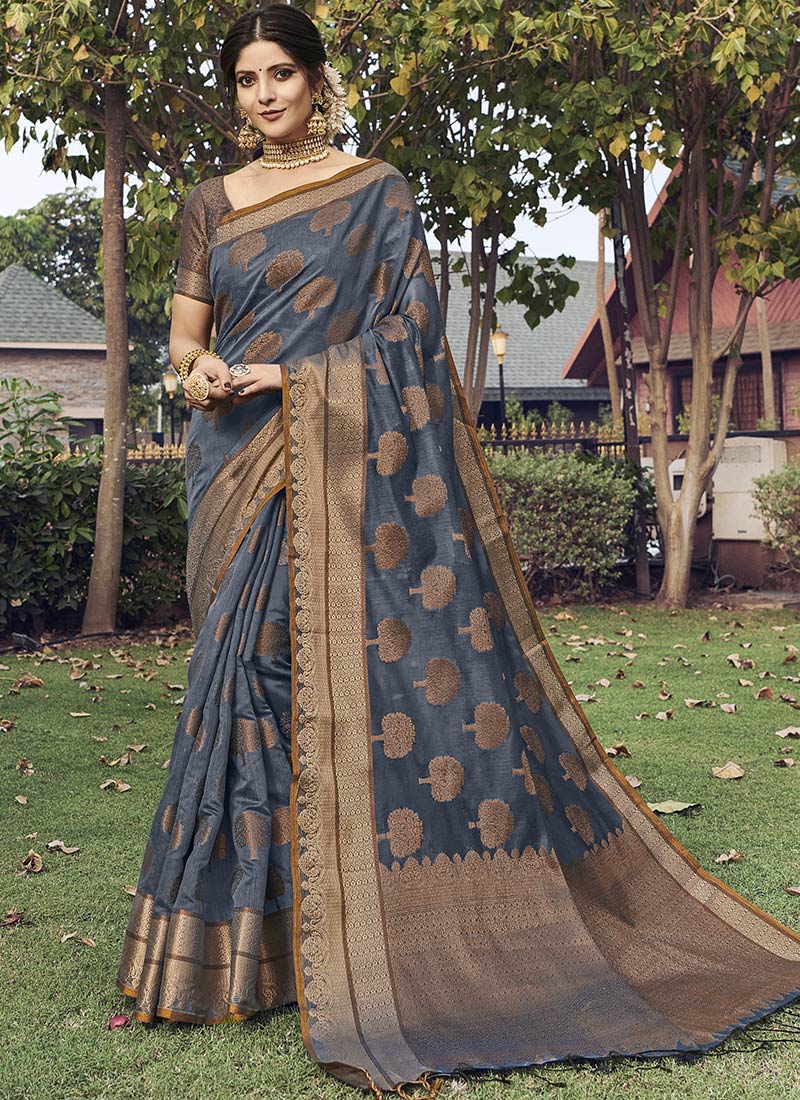 Dhiyona GR Women's Yashomati Anchor Grey Zari Woven Design Chanderi Cotton Saree