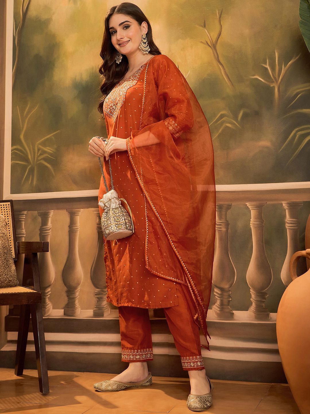 Dhiyona SN Women's Polka Dots Printed V-Neck Thread Work Chinon Kurta With Trousers & Dupatta