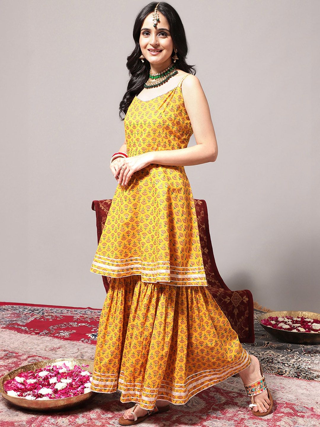 Dhiyona VA Women'sEthnic Motifs Printed Gotta Patti A-Line Kurta & Sharara With Dupatta
