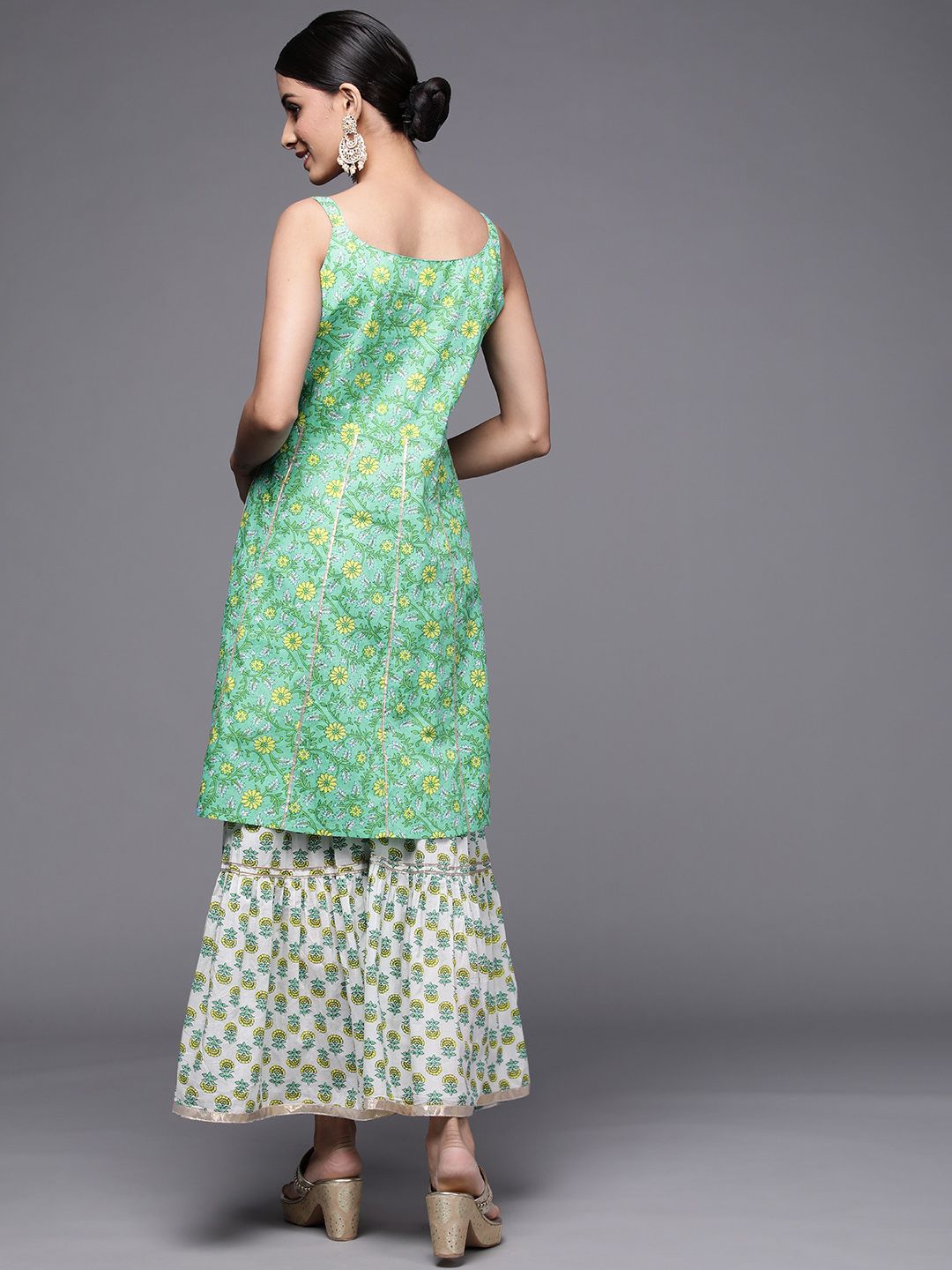 Dhiyona VA Women's Green Floral Printed Pure Cotton Kurti with Sharara