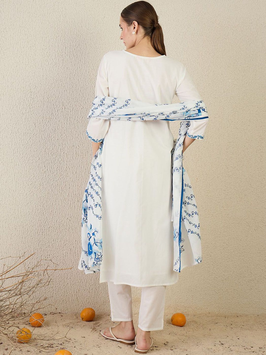 Women Floral Embroidered Cotton Kurta with Trousers & Dupatta