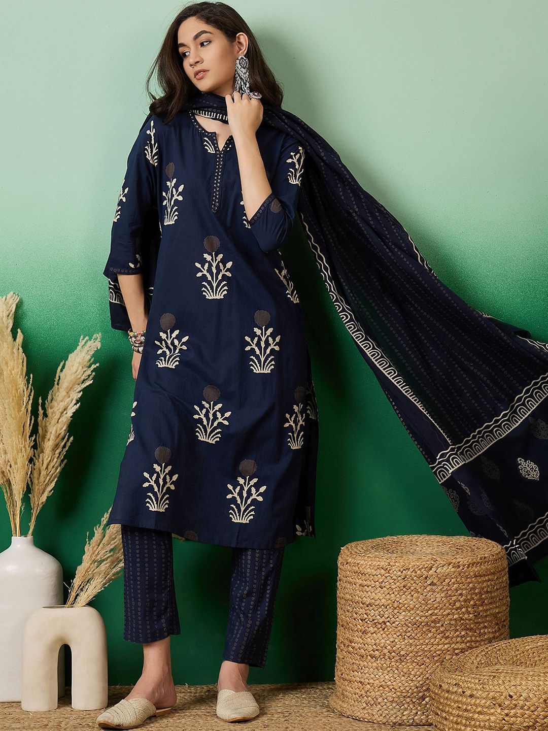 Dhiyona SN Women's Notch Neck Printed Pure Cotton Kurta With Trousers & Dupatta
