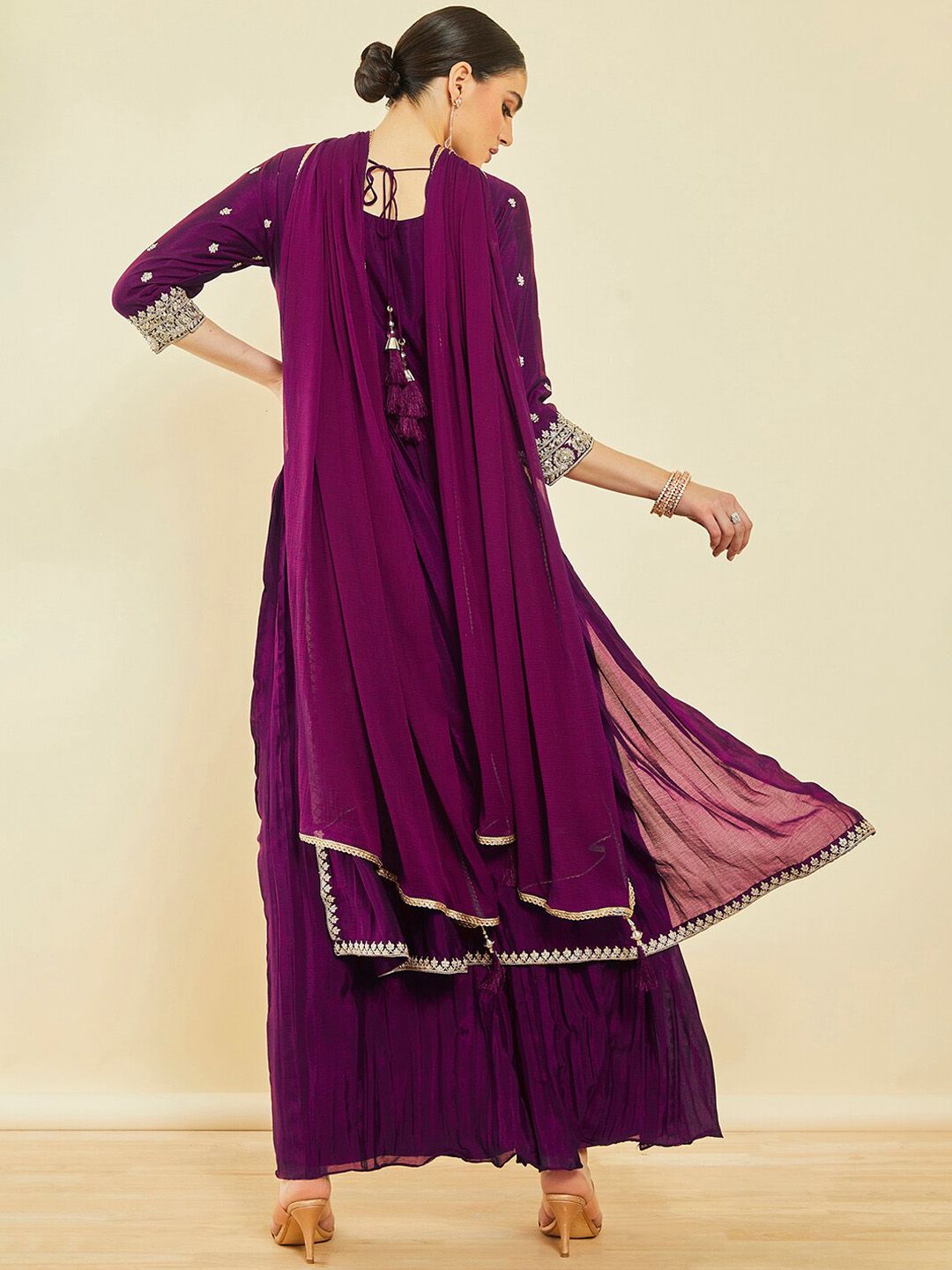 Dhiyona SO Women's Ethnic Motifs Embroidered Sequinned High Slit Kurta With Palazzos & Dupatta