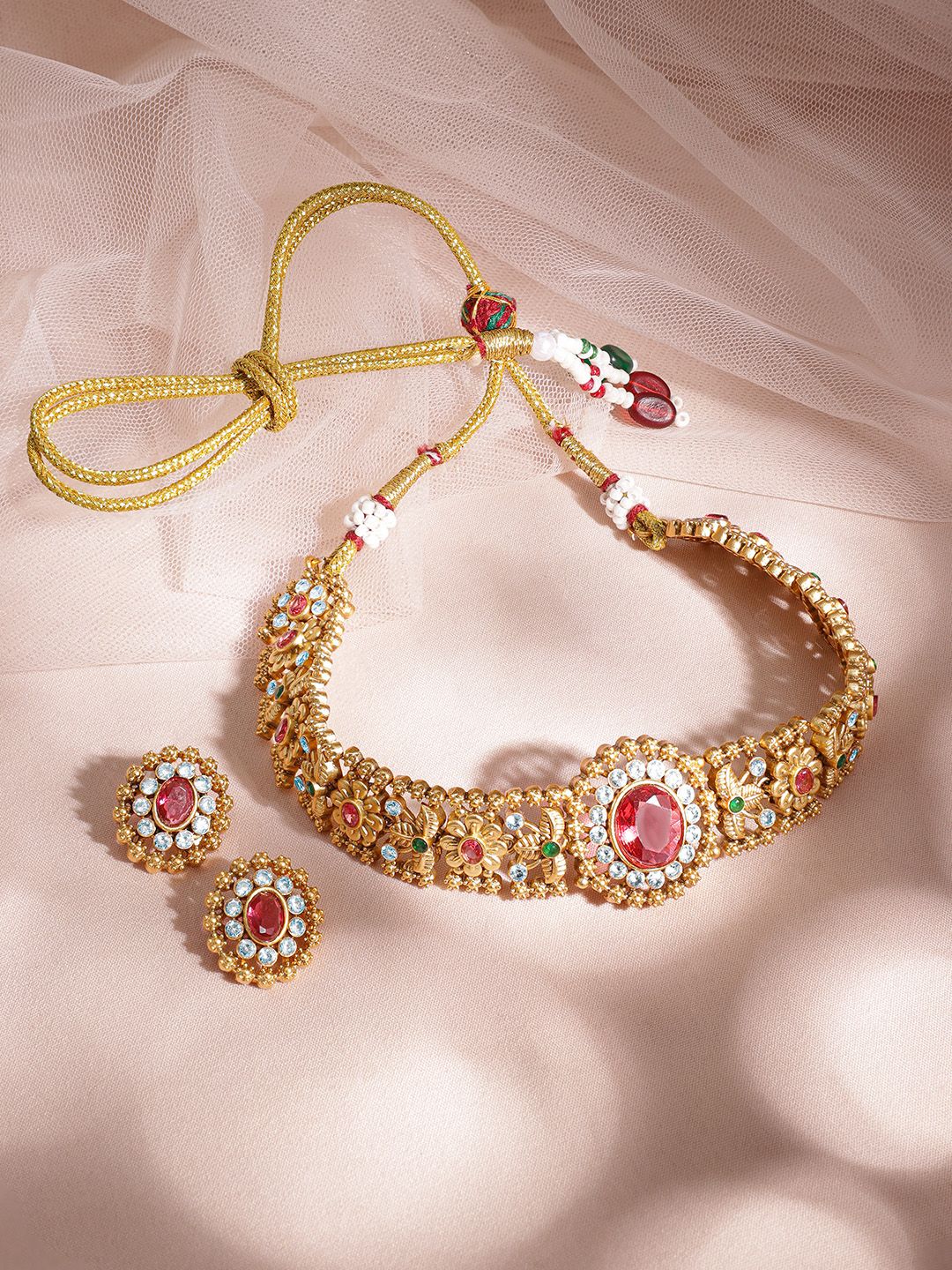 Dhiyona RJ Women's 24K Gold Plated Ruby,Emerald & White Cubic Zirconia Stone Floral Choker Jewelry Set
