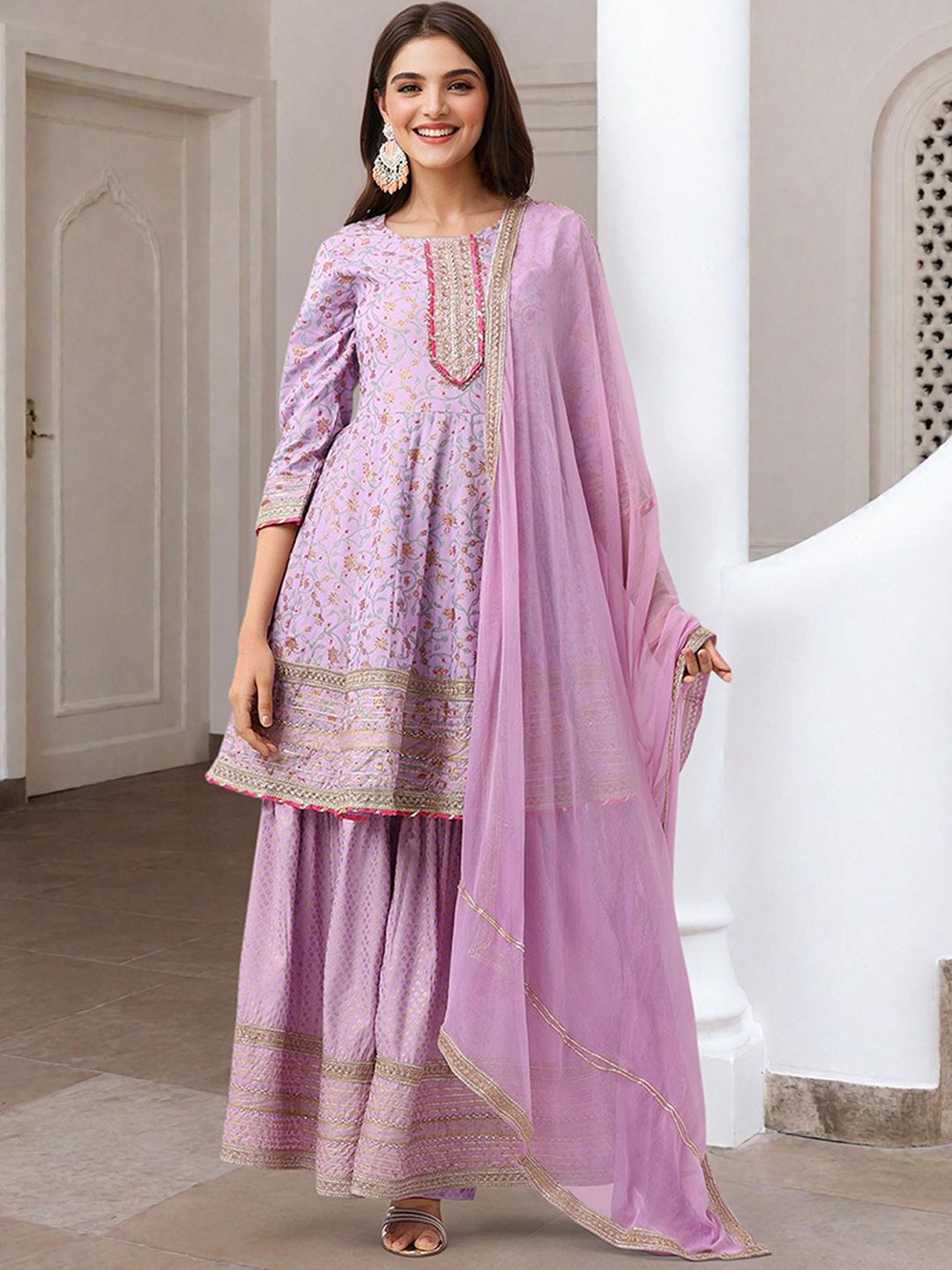 Dhiyona IS Women's Floral Printed Gotta Patti Pure Cotton Anarkali Kurta With Sharara And Dupatta