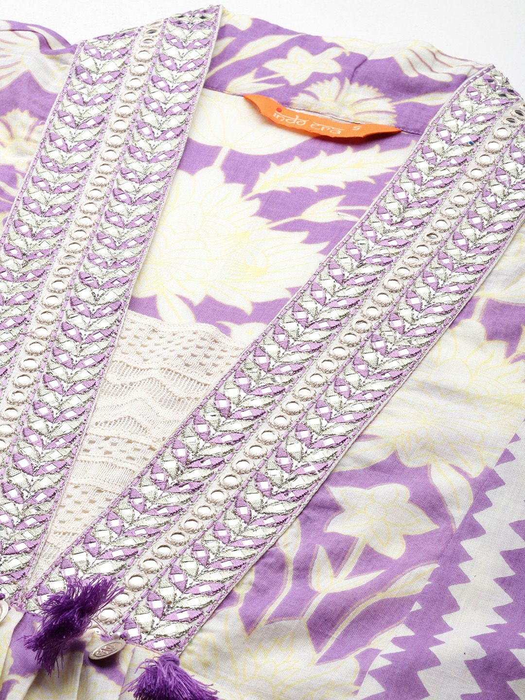 Dhiyona IE Floral Printed Panelled Mirror Work Pure Cotton Kurta With Trousers & Dupatta