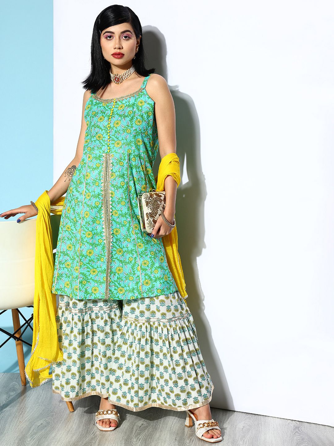 Dhiyona VA Women's Green Ethnic Motifs Printed Pure Cotton Kurta with Sharara & Dupatta