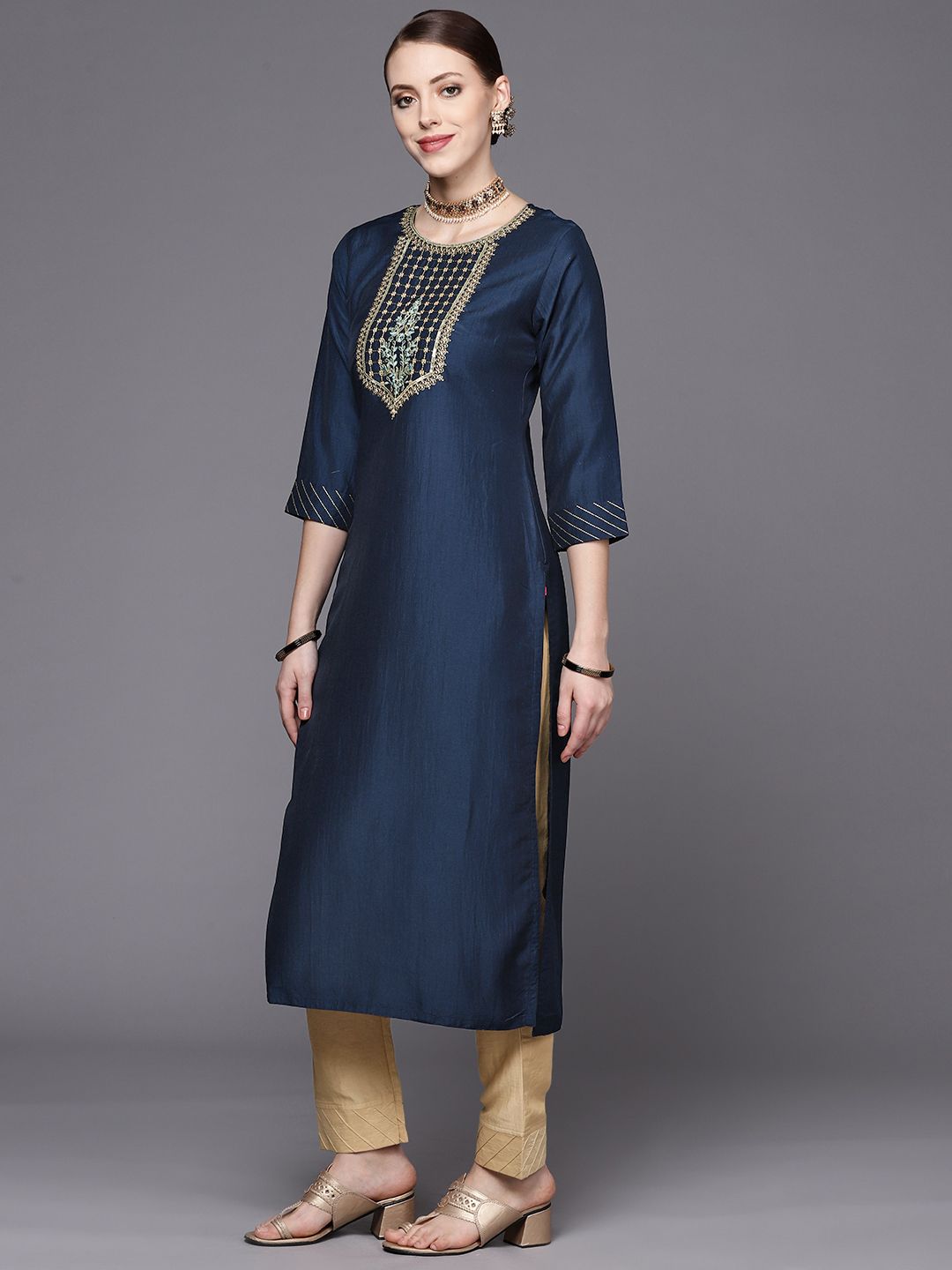Dhiyona VA Women's Navy Blue Yoke Design Kurta with Trousers & With Dupatta