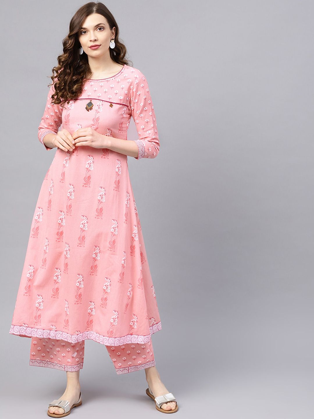 Dhiyona IS Women's Floral Printed Beads and Stones Pure Cotton Kurta with Palazzos