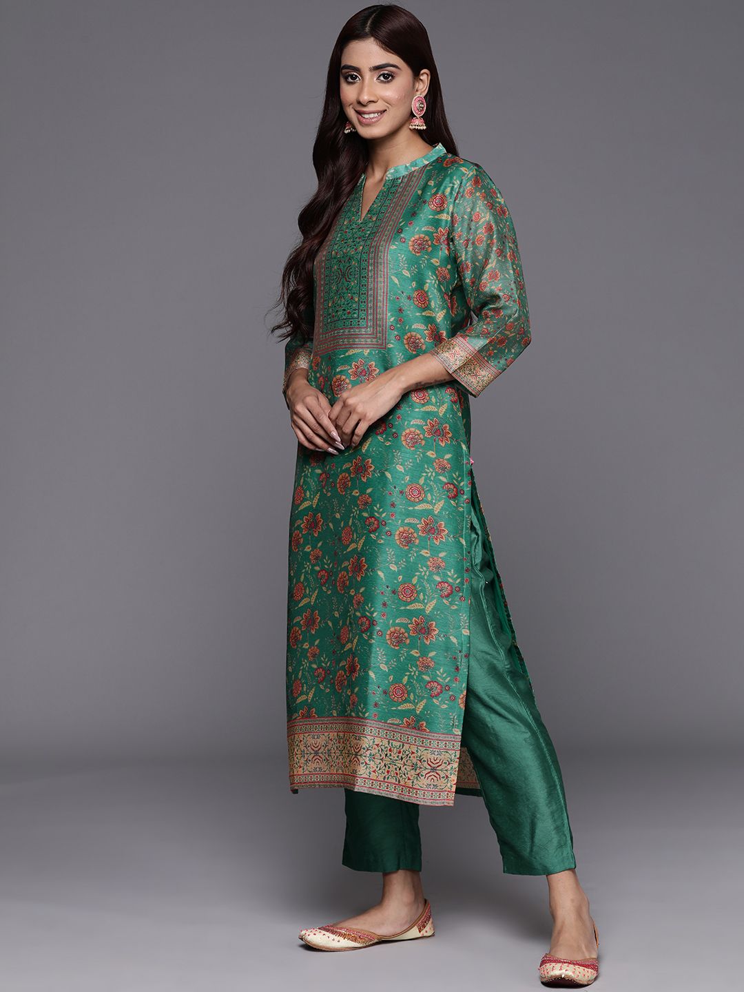 Dhiyona VA Women's Floral Printed Regular Chanderi Silk Kurta with Trousers & Dupatta