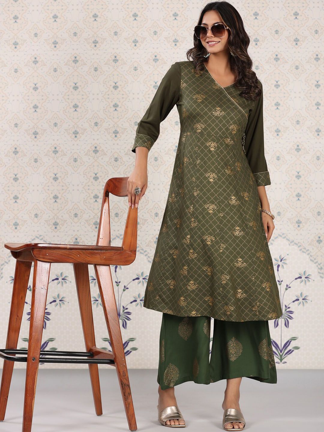 Dhiyona OD Olive Green & Gold Printed V Neck Angrakha Kurta With Palazzos