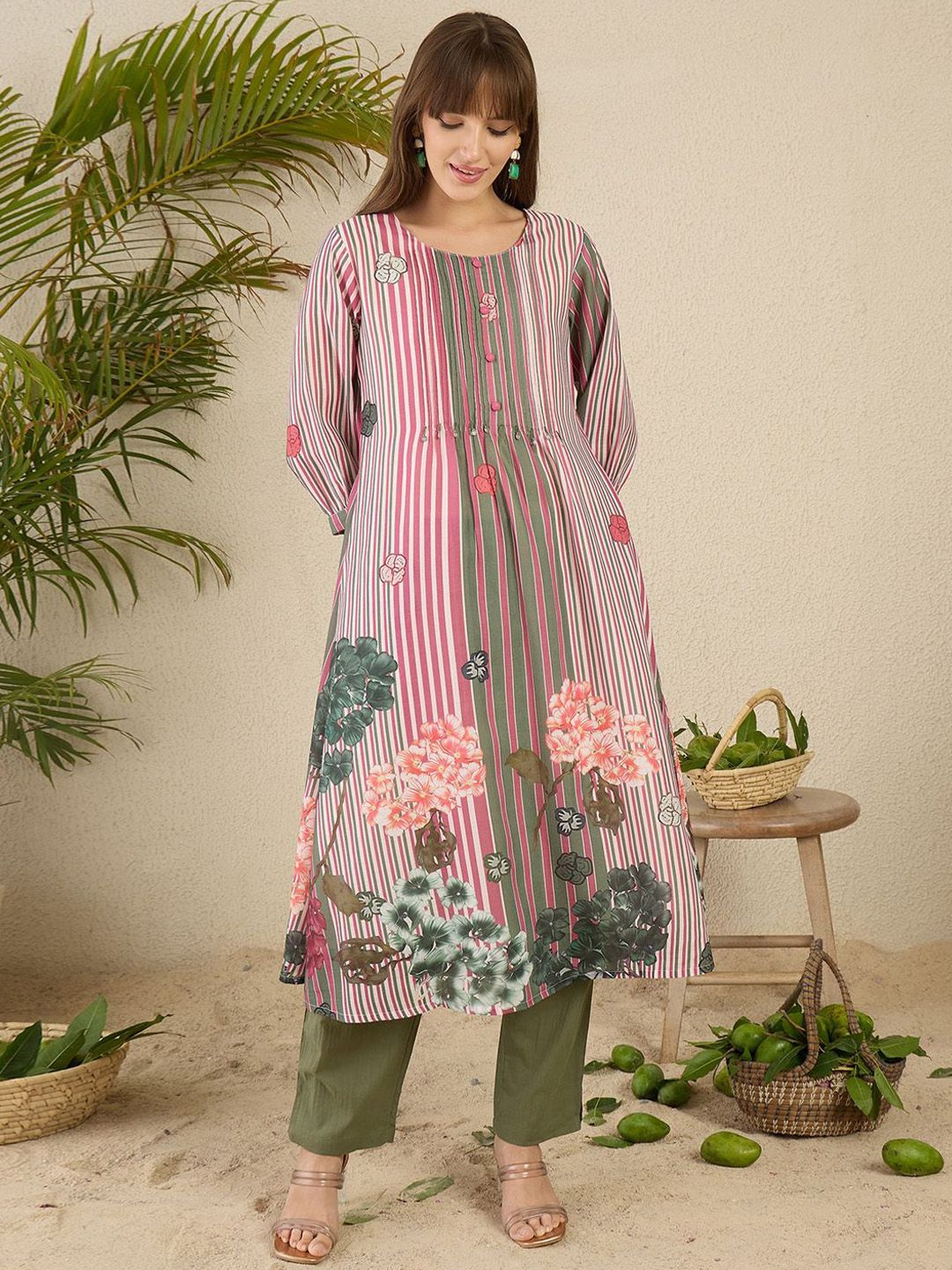 Dhiyona IE Floral Printed Pure Cotton Kurta With Trousers