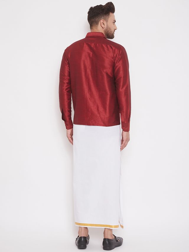 Men's Maroon Silk Blend Straight Shirt And Mundu