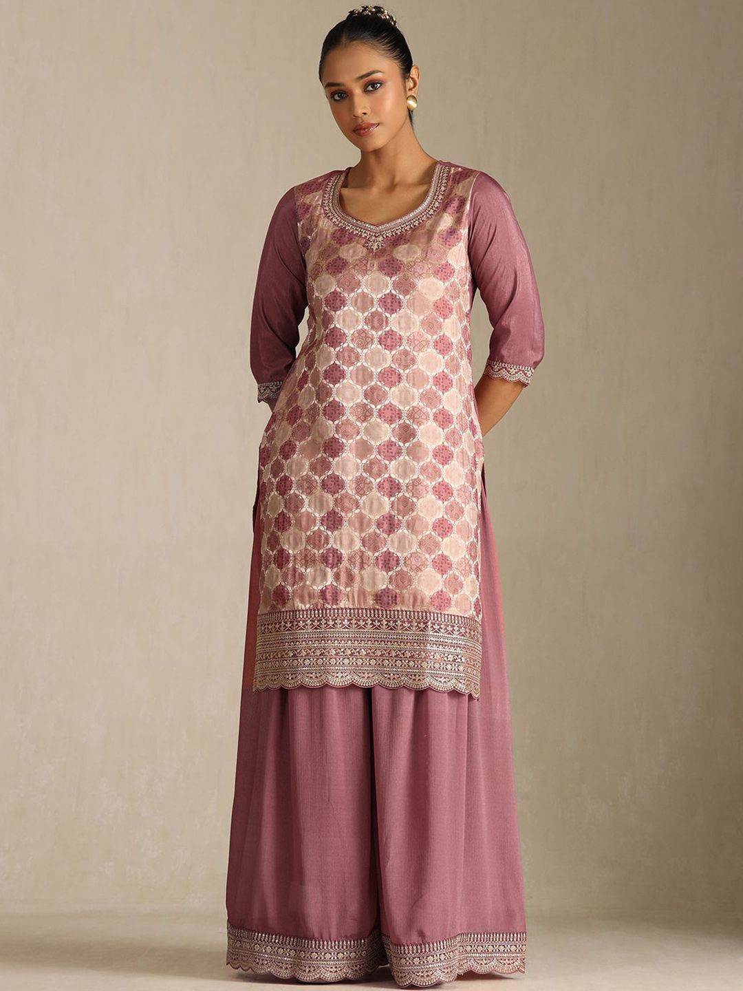 Dhiyona SO Women's Floral Printed U-Neck Sequinned Kurta With Palazzos & Dupatta
