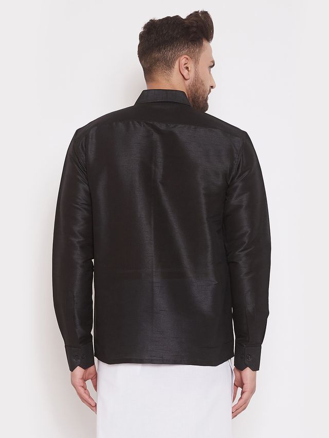 Men's Black Silk Blend Straight Ethnic Shirt
