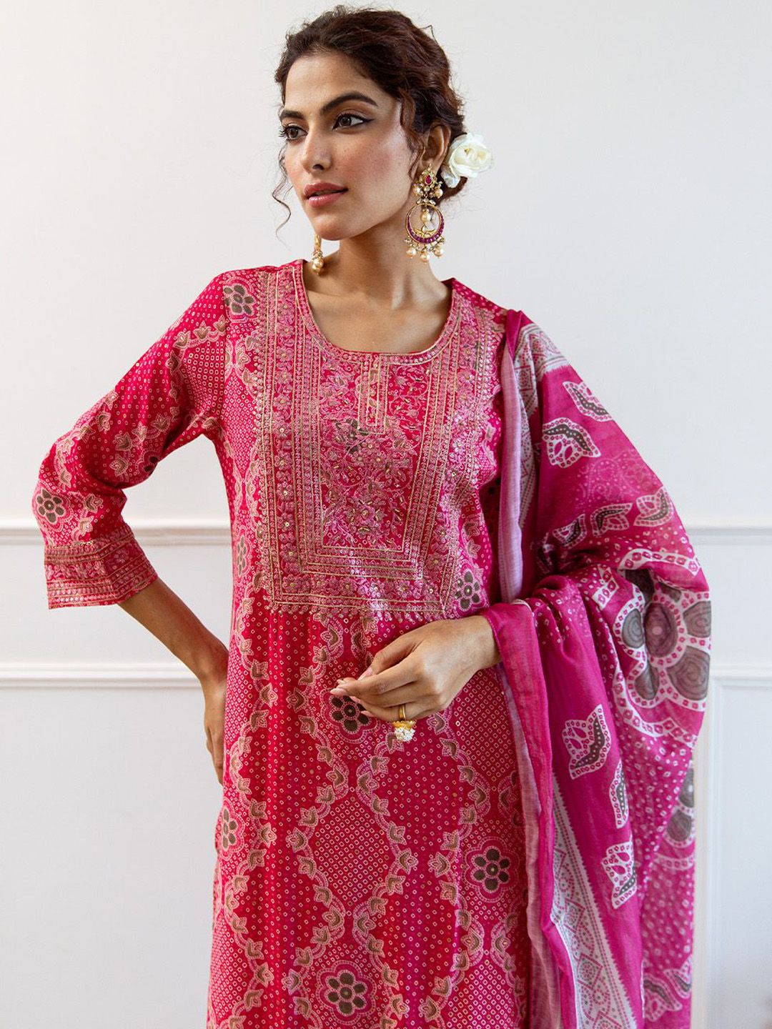 Dhiyona IS Women's Floral Embroidered Sequinned Kurta With Palazzos & Dupatta