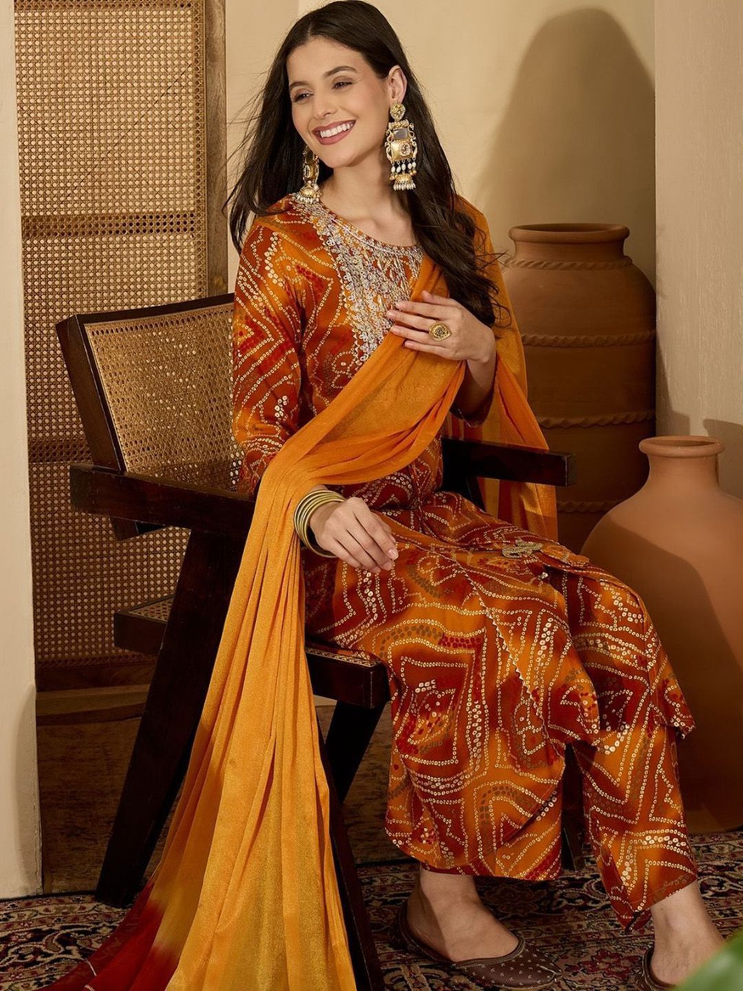 Dhiyona SN Women's Bandhani Printed Sequinned A-Line Kurta With Trousers & Dupatta