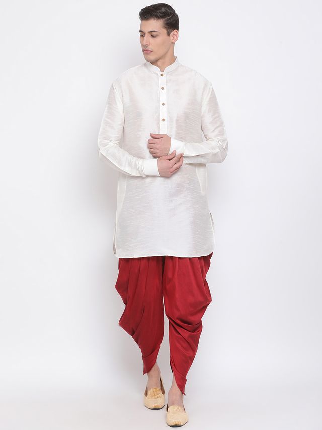 Men's Cream Silk Blend Pathani Kurta and Dhoti Set